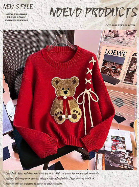 Pullover da donna – Maglione girocollo con orso, taglio loose knit autunno/inverno