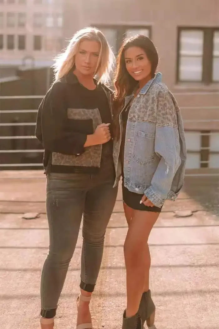 Giacca in denim donna con splicing leopardo – stile oversize 2025, maniche lunghe, collo classico