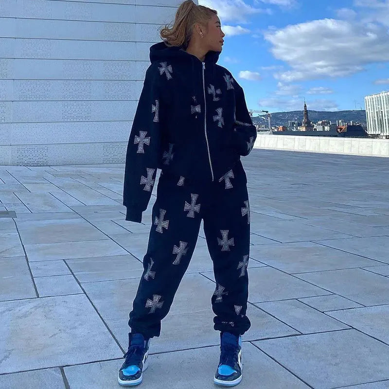 Felpa con cappuccio, zip e strass stile Y2K