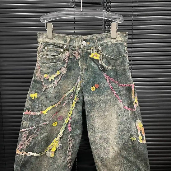 Jeans Donna Vita Alta con Stampa Catena – Denim Fashion Streetwear