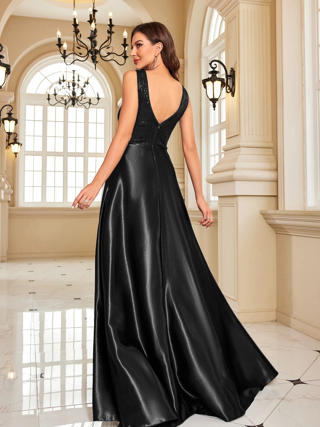 Abito Lungo Elegante Donna con Paillettes e Scollo V – Vestito Cerimonia Matrimonio