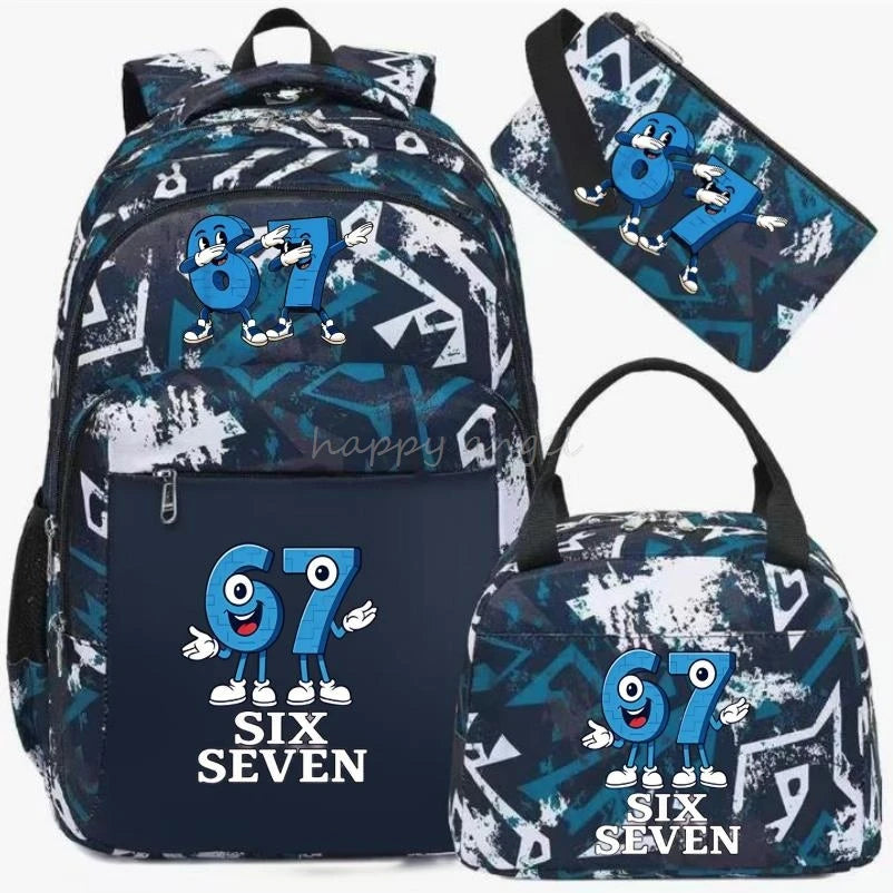 67 Six Seven Print 3Pcs/set Camouflage Backpack With Lunch Bag Steal A BrainRot Boy Student Teens Rucksack Girl Casual SchoolBag