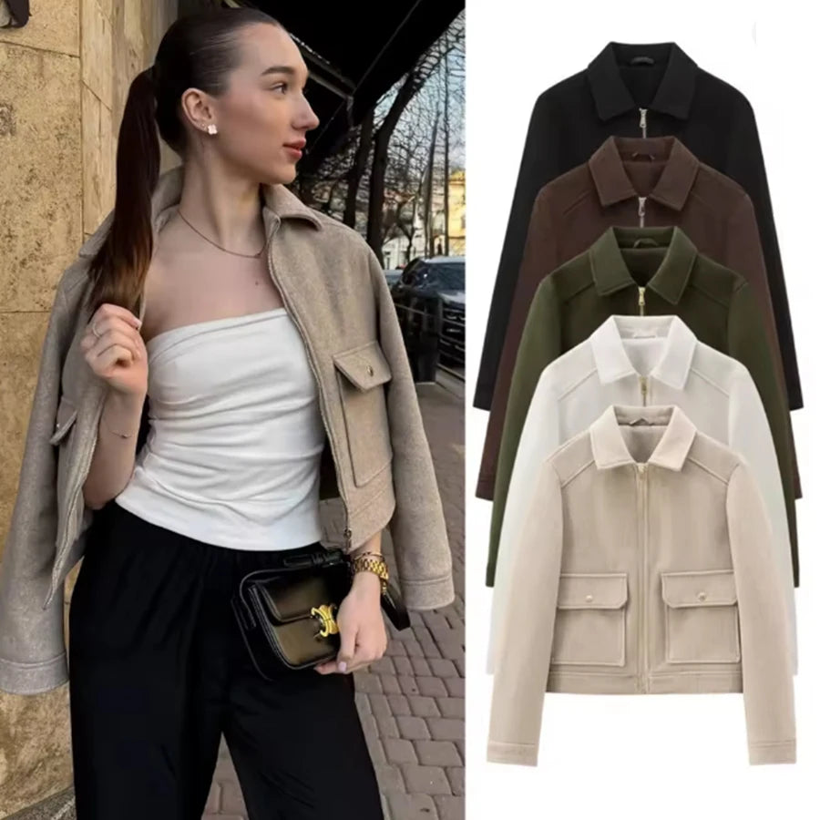 Giacca corta donna con zip, colletto e tasche - foto 1 della galleria