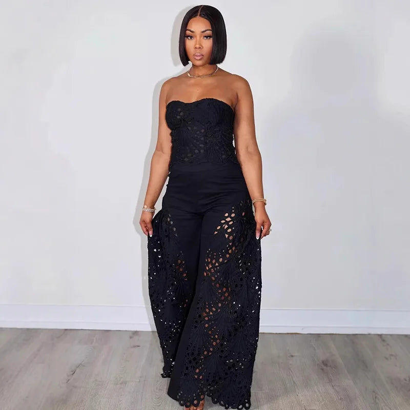 Set top strapless traforato + pantaloni – coordinato donna sexy senza spalline con design hollowed per look chic
