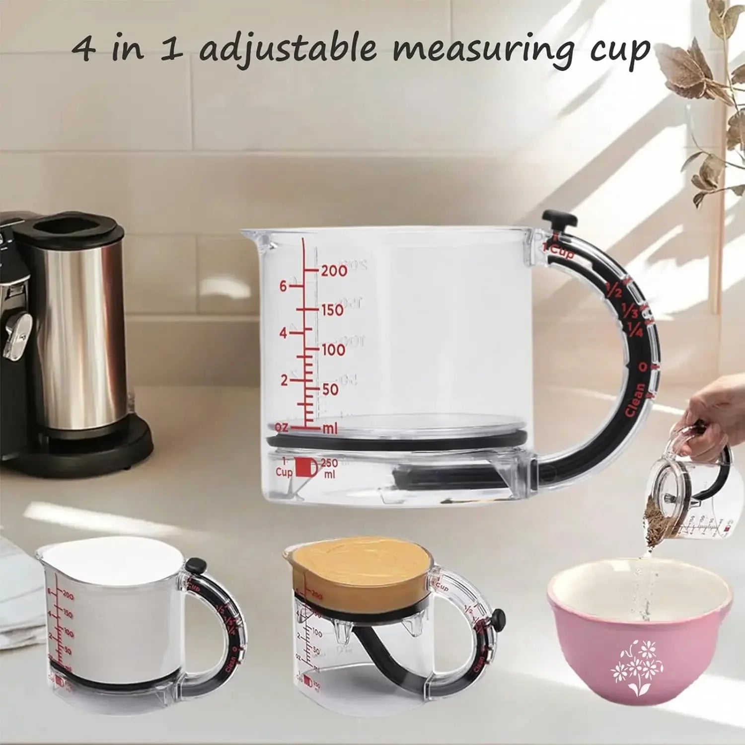 4-IN-1 Measuring Cup Adjustable MultiFunctional Measuring Cup With Scraper-Style Seal Base Kitchen Cube Cups Tools For Cooking