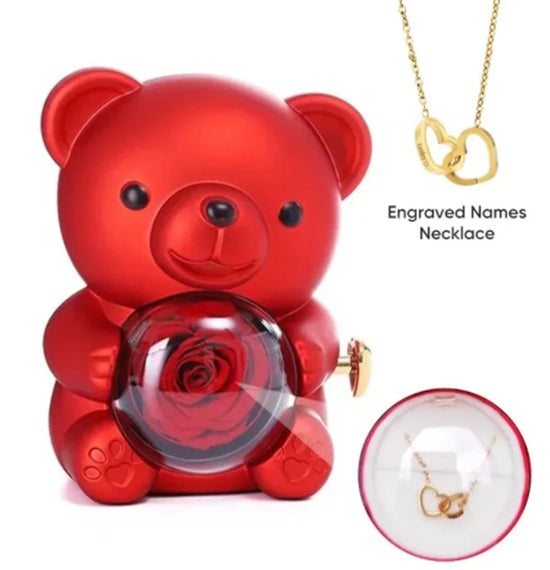 Orsetto con Rosa Eterna e Collana  – Regalo Romantico San Valentino