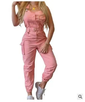 Jumpsuit cargo donna 2025 – tuta senza maniche con spalline sottili, tasche utility, look casual chic