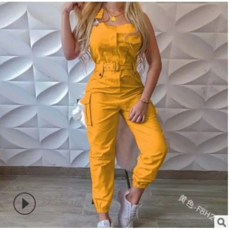 Jumpsuit cargo donna 2025 – tuta senza maniche con spalline sottili, tasche utility, look casual chic