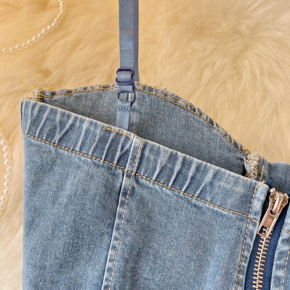 Top Denim Corsetto con Reggiseno Integrato – Crop Top Donna