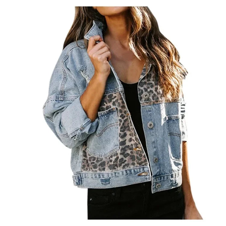 Giacca in denim donna con splicing leopardo – stile oversize 2025, maniche lunghe, collo classico