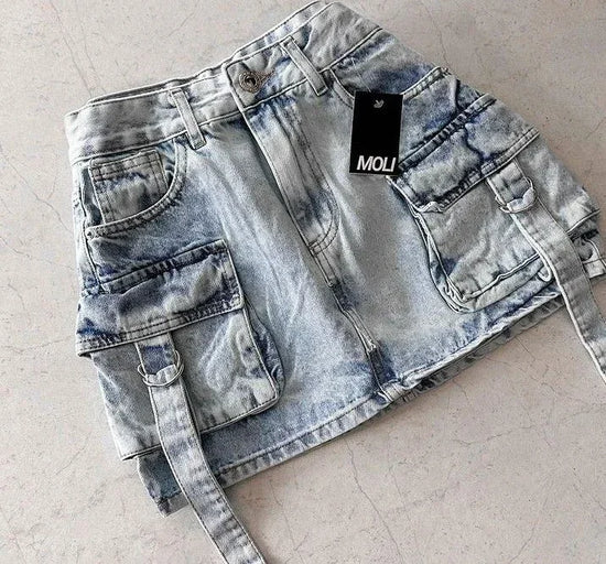 Shorts gothic cargo donna vita media in denim patchwork – estivo 2025, tasche multiple