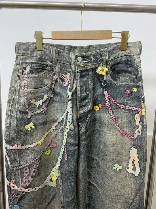Jeans Donna Vita Alta con Stampa Catena – Denim Fashion Streetwear