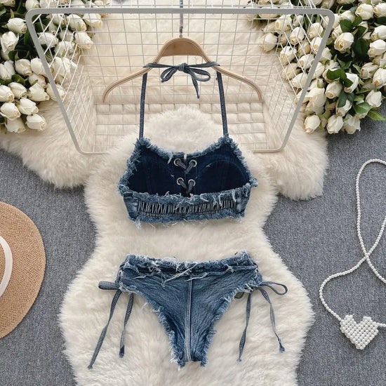 Set bikini donna 2025 con top bra e shorts a vita alta in denim
