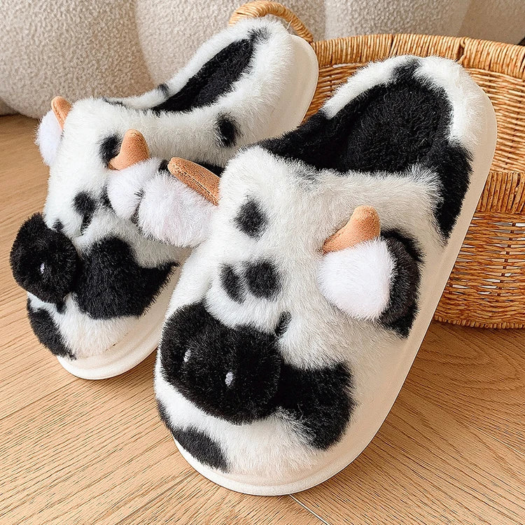 Casual Fluffy Slippers Women House Cute Cartoon Cow Designer Shoes Girl Flat Fashion Elegant Plush Winter Platform Footwear Home