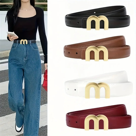 Cintura donna in PU leather con fibbia dorata “M” – cintura slim moda 2025 adatta a jeans, abiti, look casual chic