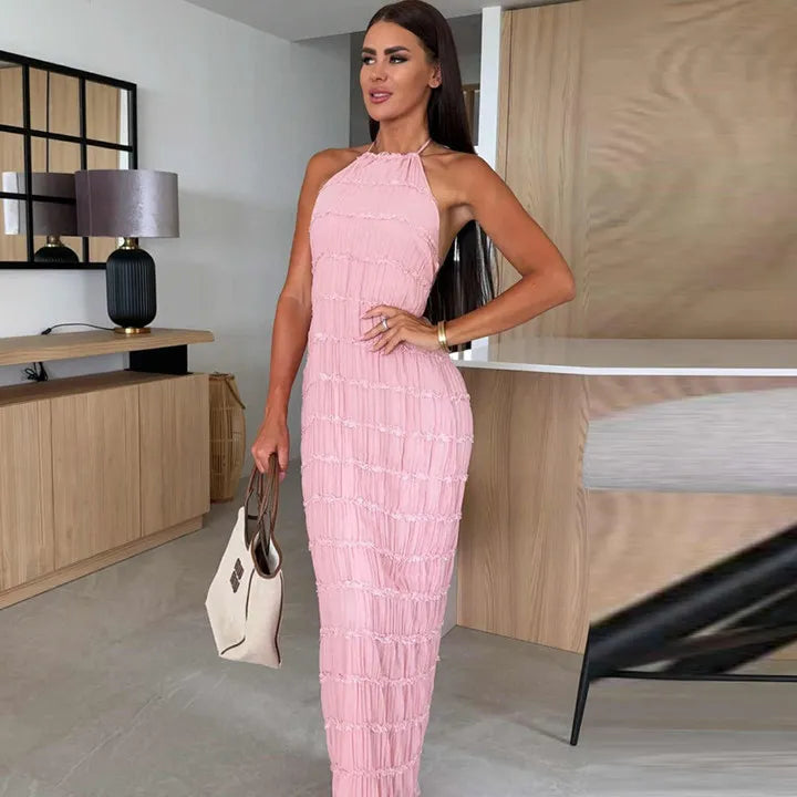 Abito Lungo Donna con Schiena Scoperta e Pieghe – Vestito Elegante Lotus Leaf 2026