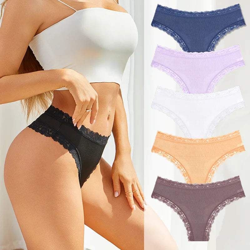 Set 5 pezzi perizomi donna vita media contrasto pizzo floreale – mutandine traspiranti sexy low-waist da S a XXL