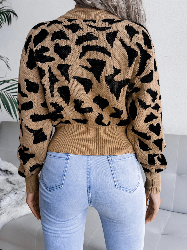 Pullover con stampa leopardata donna – Maglione corto girocollo per autunno/inverno, knit con raccolta in vita