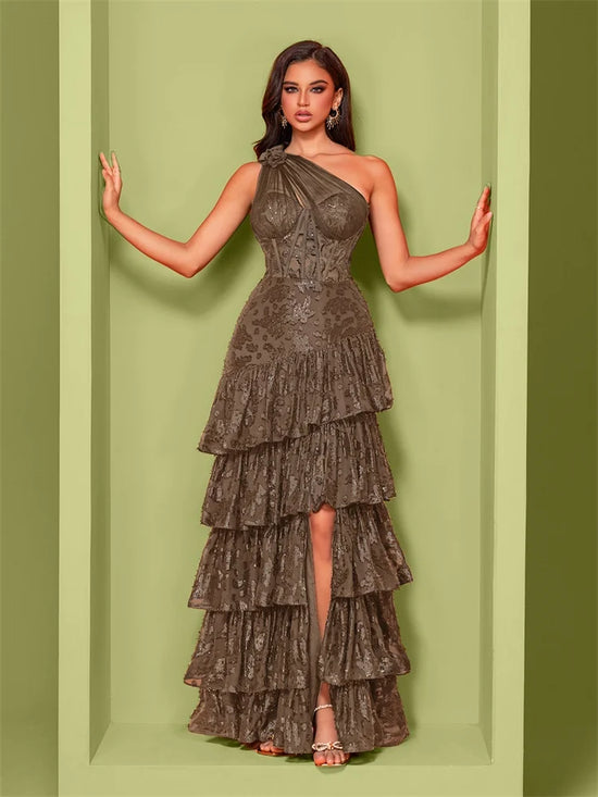 abito lungo elegante donna spacco laterale paillettes cerimonia