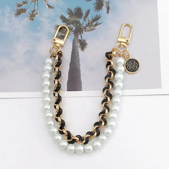 Portachiavi elegante doppio strato con perle + catena in pelle - accessorio fashion bag charm 2025