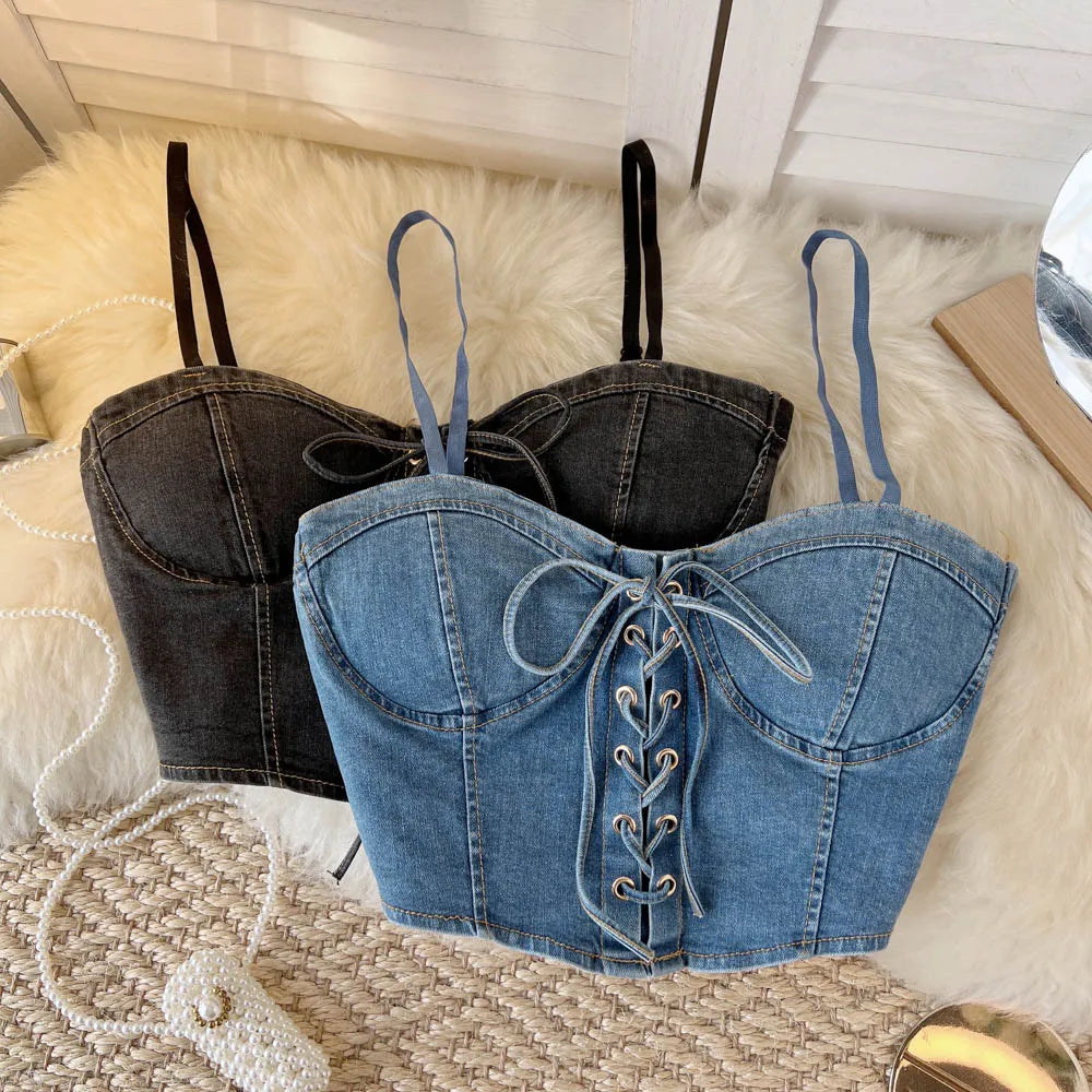 Top Denim Corsetto con Reggiseno Integrato – Crop Top Donna