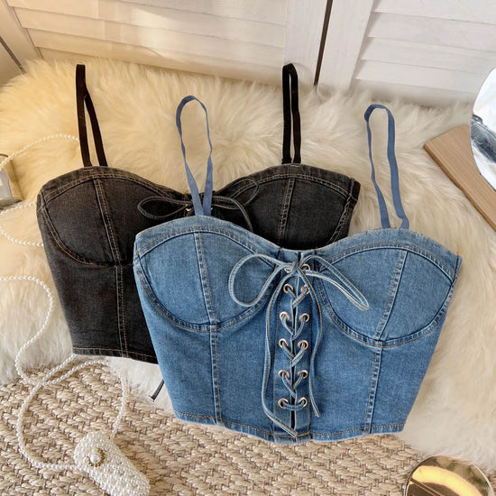 Top Denim Corsetto con Reggiseno Integrato – Crop Top Donna