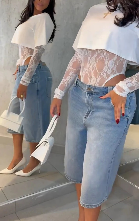 Body donna in pizzo a maniche lunghe, bianco o nero