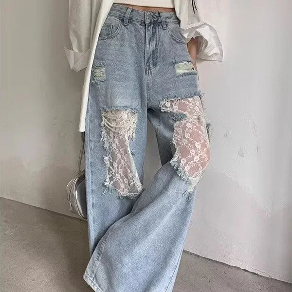 Jeans patchwork denim con inserti in pizzo – pantaloni larghi donna casual stile ribelle 2025