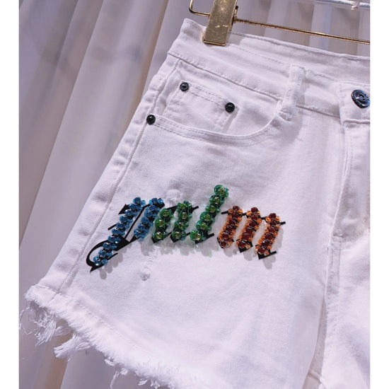 Shorts donna vita alta elasticizzati con strass – denim bianco slim fit per l’estate 2025