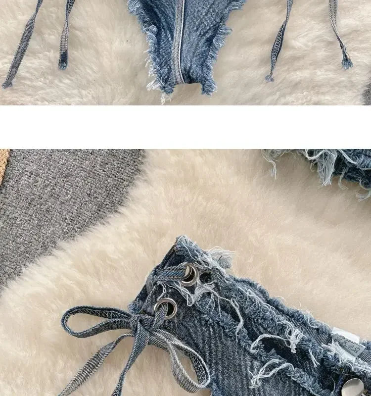 Set bikini donna 2025 con top bra e shorts a vita alta in denim