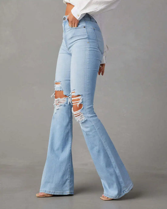 Jeans Donna Vita Alta Flare Ankle con Tasche & Strappi – Denim Loose Fit