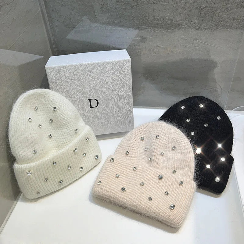 Cappello invernale con strass e pelliccia – Berretto a maglia con perline lucenti per donna, caldo e fashion