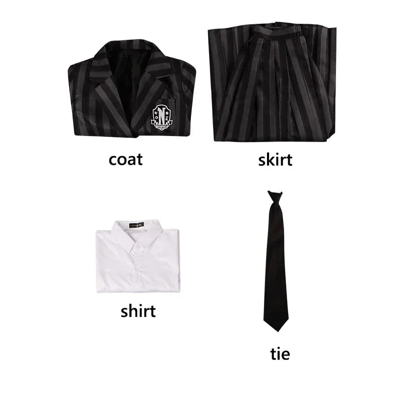 Costume università Mercoledi Addams 2025 – uniforme scolastica cosplay con giacca, gilet, gonna, perfetto per Halloween/adulti e bambini