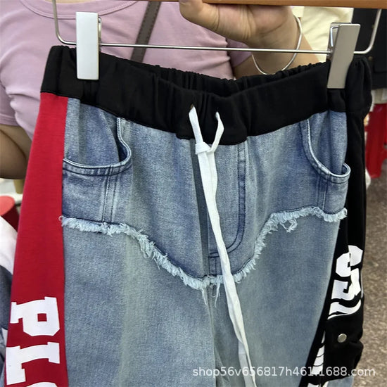 Completo Donna 2 Pezzi Denim Patchwork – Camicia Lunga + Jeans Vita Elastica Street Stylewo-Piece Set Letter Splicing