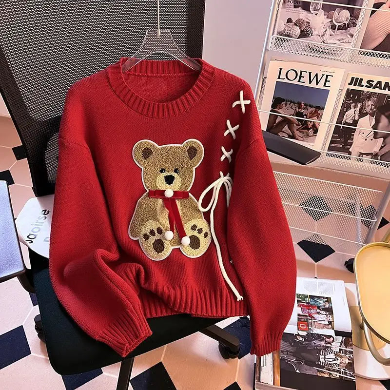 Pullover da donna – Maglione girocollo con orso, taglio loose knit autunno/inverno
