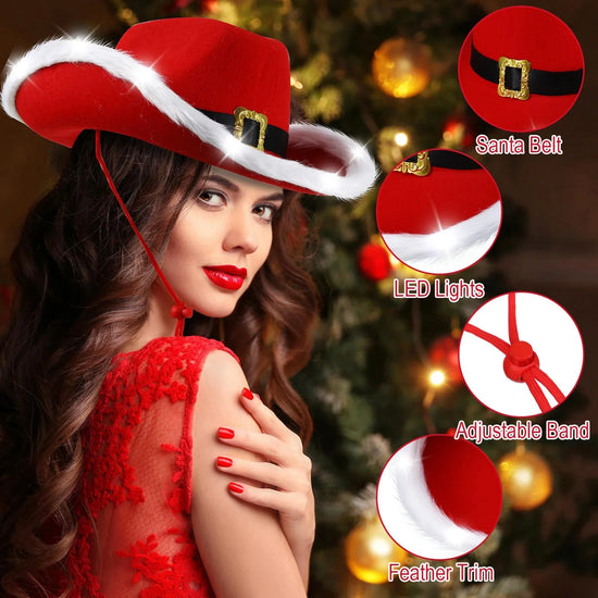 Cappello cowboy “Babbo Natale” rosso in feltro con tesa larga – floccato, unisex per festa western natalizia 2025