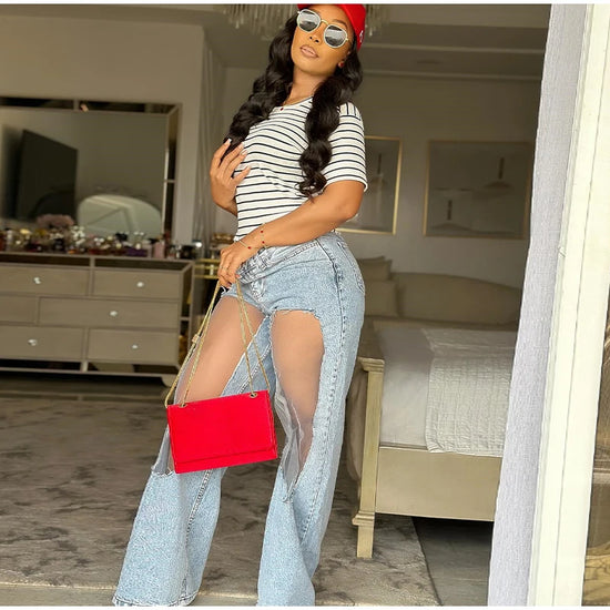 Jeans donna 2025 con pannelli mesh al ginocchio – denim hip-hop a vita alta, stile streetwear trasparente