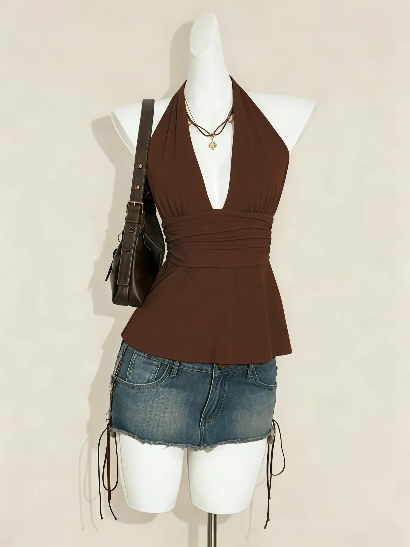 Women's Polka Dot Halter Top Sleeveless Deep V Neck Backless Tie Back Peplum Camisole for Summer