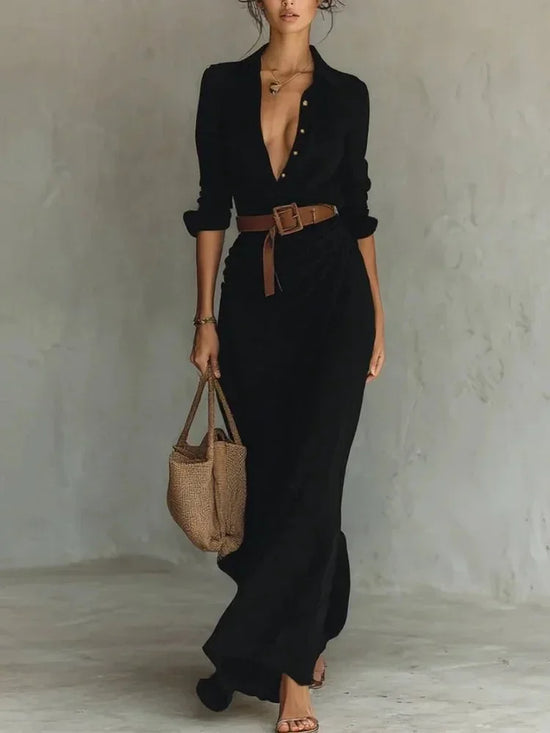 Vestito lungo donna 2025 ‒ abito elegante manica lunga con scollo profondo, cintura, taglio asimmetrico “irregular”, perfetto per party e occasioni speciali