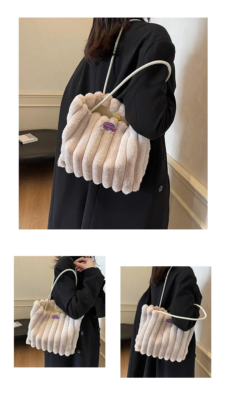 Tote bag a righe in peluche – borsa capiente e soffice per inverno 2025