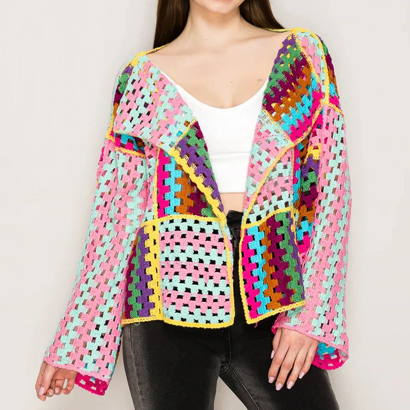 Cardigan crochet multicolore donna – Giacca traforata a righe arcobaleno, copertura leggera  e outfit boho