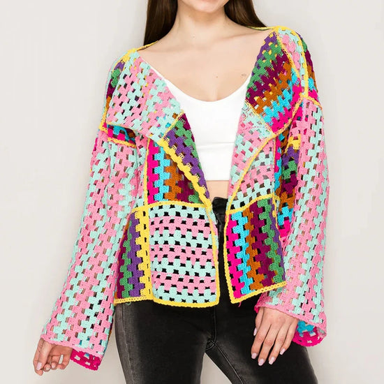 Cardigan crochet multicolore donna – Giacca traforata a righe arcobaleno, copertura leggera  e outfit boho