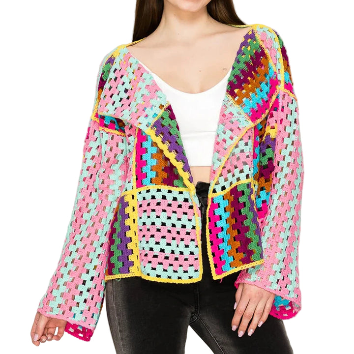 Cardigan crochet multicolore donna – Giacca traforata a righe arcobaleno, copertura leggera  e outfit boho