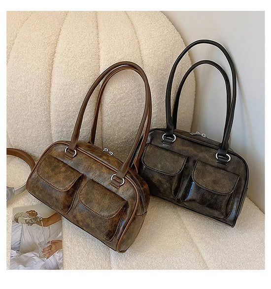 Borsa baguette donna retrò con doppie tasche frontali – trendy piccola underarm per il 2025