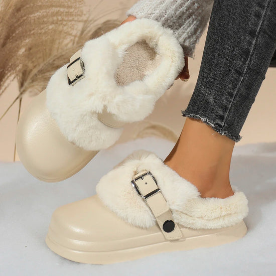 Women EVA Thick Sole Fur Slippers Closed Toe Fluffy Warm Home Slippers Woman Buckle Fashion Slip-on Cover Head Cotton Slippers