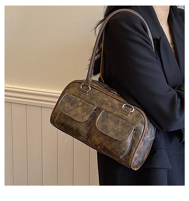 Borsa baguette donna retrò con doppie tasche frontali – trendy piccola underarm per il 2025