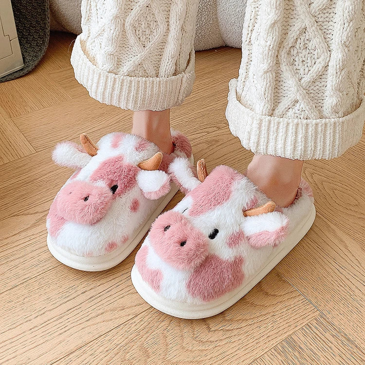 Casual Fluffy Slippers Women House Cute Cartoon Cow Designer Shoes Girl Flat Fashion Elegant Plush Winter Platform Footwear Home