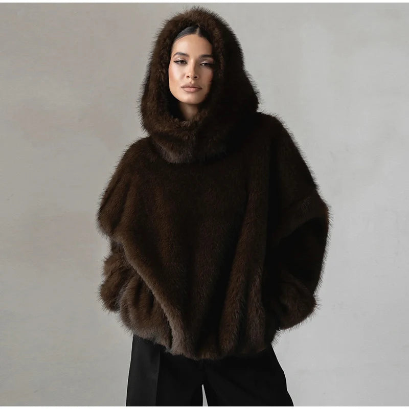 Felpa donna effetto pelliccia marrone con cappuccio
