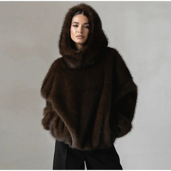 Felpa donna effetto pelliccia marrone con cappuccio