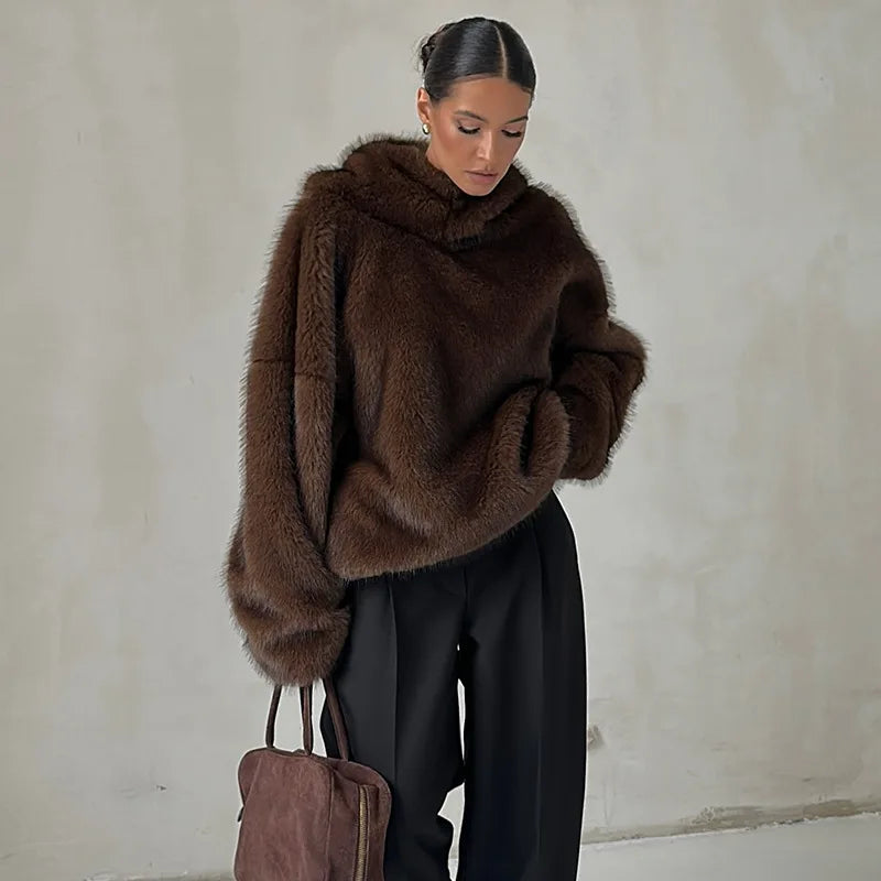 Felpa donna effetto pelliccia marrone con cappuccio